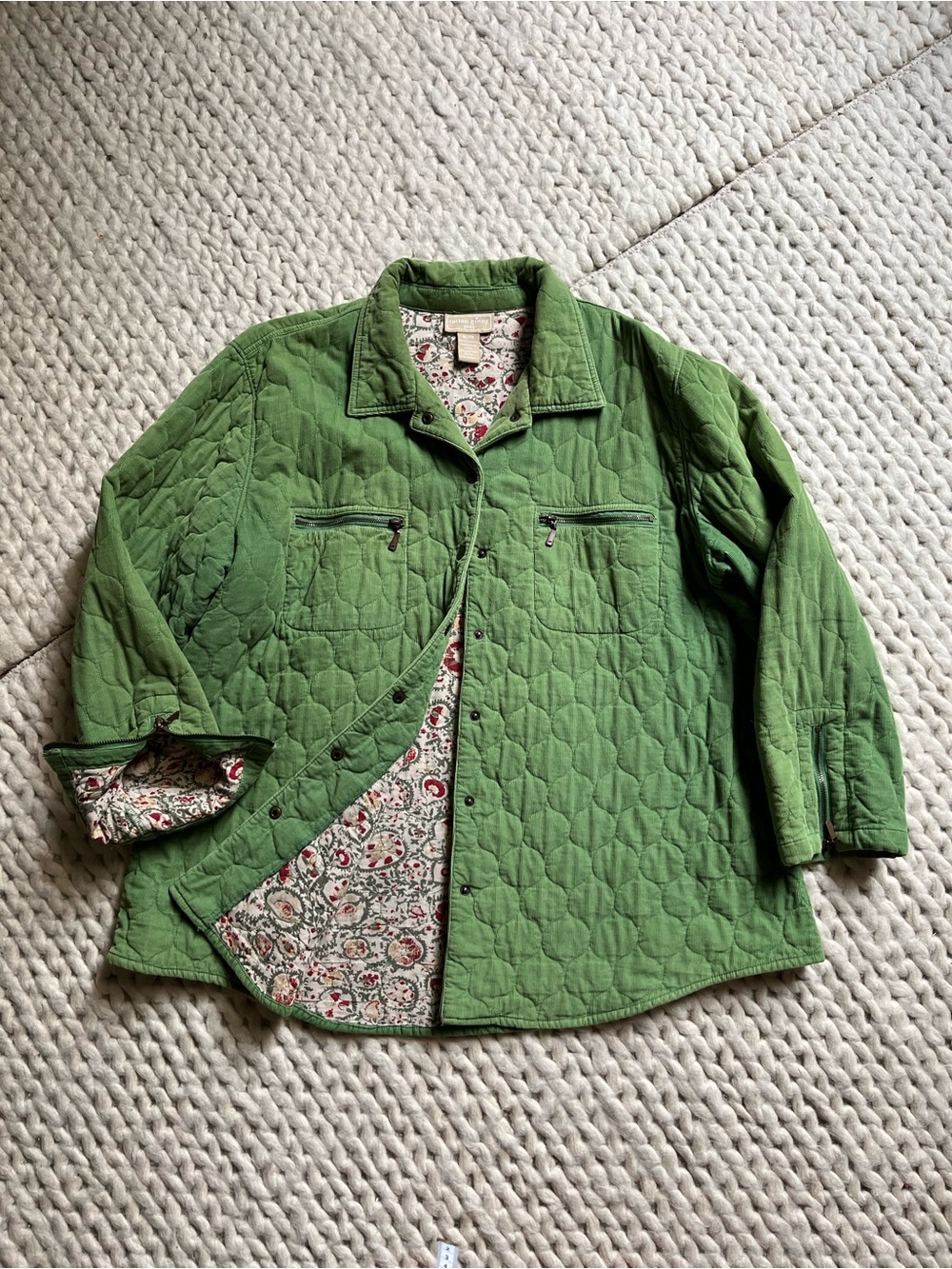 Vintage Chore Jacket Quilted Green with Floral Lining | X-Large